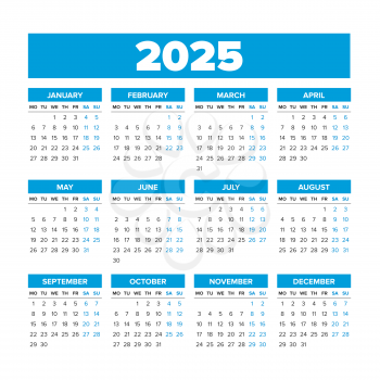 2025 Simple Vector Calendar. Weeks start on Monday. Blue color