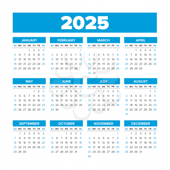 2025 Simple Vector Calendar. Weeks start on Sunday. Blue color