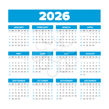 2026 Simple Vector Calendar. Weeks start on Sunday. Blue color