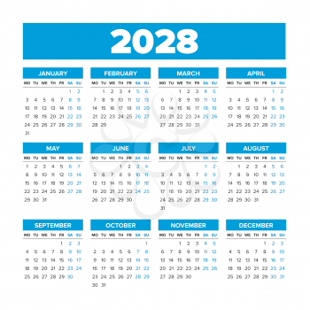 2028 Simple Vector Calendar. Weeks start on Monday. Blue color