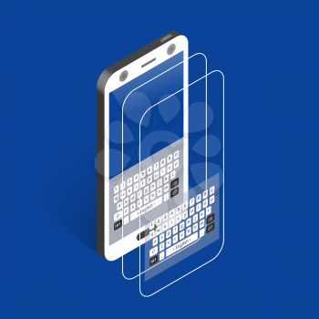 White isometric smartphone with keypad and reflections, right view