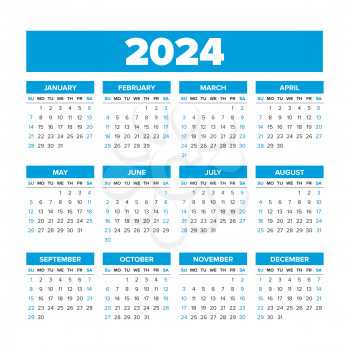 2024 Simple Vector Calendar. Weeks start on Sunday. Blue color