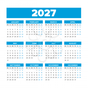 2027 Simple Vector Calendar. Weeks start on Monday. Blue color