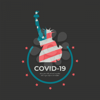 COVID-19 Coronavirus vector label. USA staue of Liberty