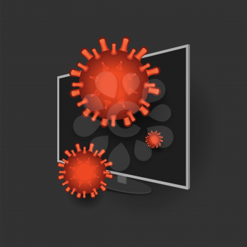 Virus drops from the TV screen. Pandemic concept