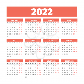 2022 Simple Calendar with the weeks start on Monday