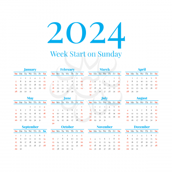 2024 Classic Calendar with the weeks start on Sunday