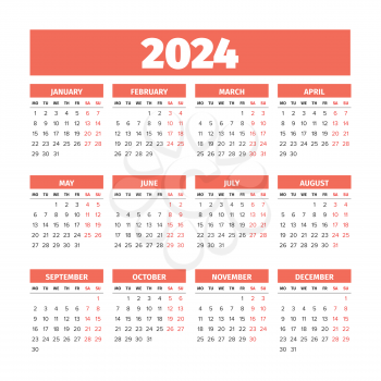 2024 Simple Calendar with the weeks start on Monday