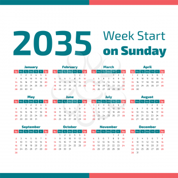 2035 Classic Calendar with the weeks start on Sunday