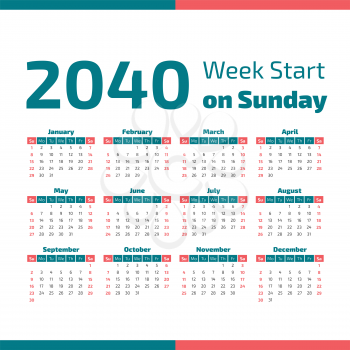2040 Classic Calendar with the weeks start on Sunday