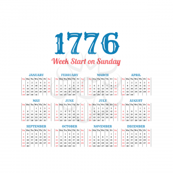 Historic vector calendar of the year 1776. Week start on Sunday