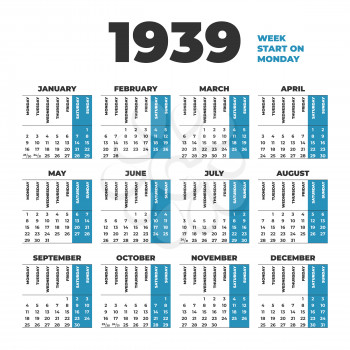 1939 year vector calendar template. Weeks start on Sunday