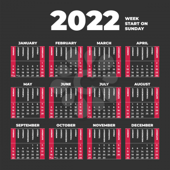 2022 Vector Calendar template with weeks start on Sunday