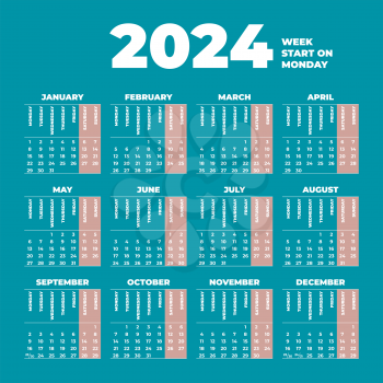 2024 Vector Calendar template with weeks start on Monday
