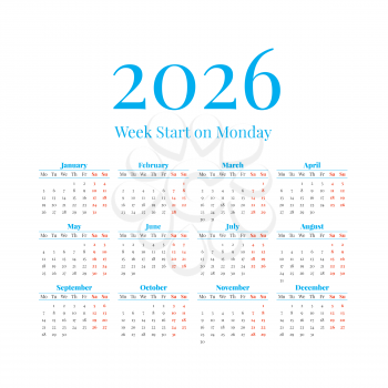 2026 Classic Calendar with the weeks start on Monday
