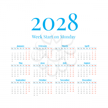 2028 Classic Calendar with the weeks start on Monday