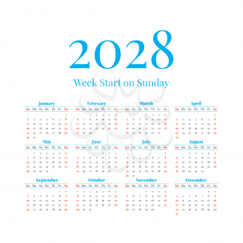 2028 Classic Calendar with the weeks start on Sunday