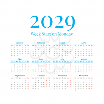 2029 Classic Calendar with the weeks start on Monday