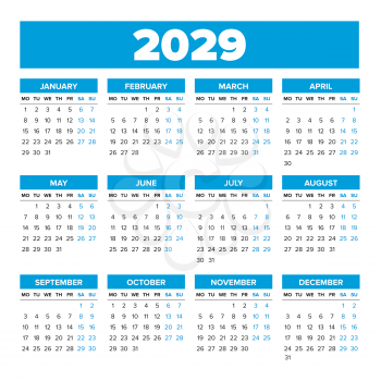 2029 Simple vector calendar template. Weeks start on Monday
