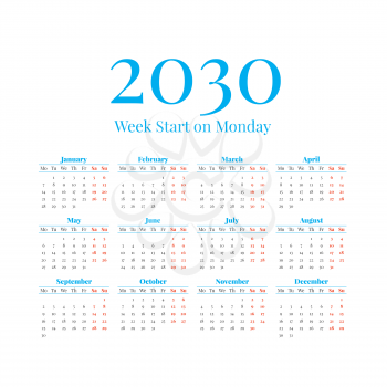 2030 Classic Calendar with the weeks start on Monday