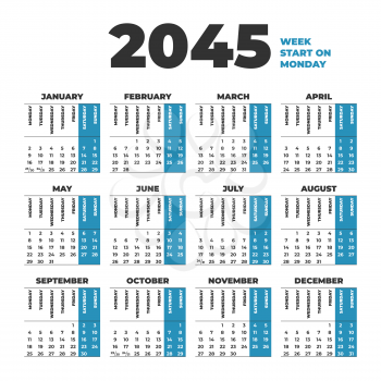 2045 Vector Calendar template with weeks start on Monday