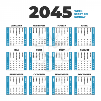 2045 Vector Calendar template with weeks start on Sunday