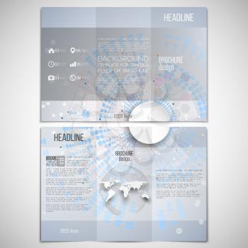 Vector set of tri-fold brochure design template on both sides with world globe element. Molecule structure, blue background for communication, science vector illustration.