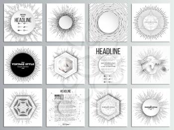Set of 12 creative cards, square brochure template design. Vintage style star burst, retro elements for your design, vector illustration.