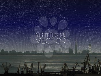 Shipyard and city landscape, night design vector illustration.