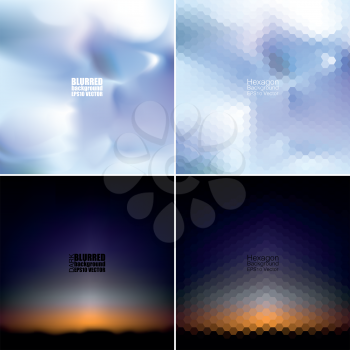 Abstract blurred backgrounds set, hexagonal abstract templates vector.