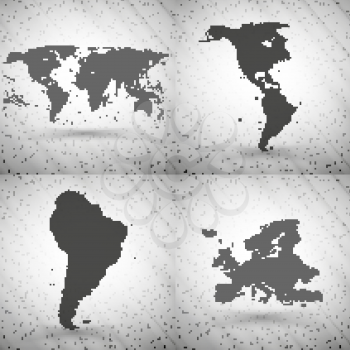 World maps set on gray background, grunge texture vector illustration.