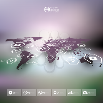 Violet world map in perspective, blurred infographic vector template for business design