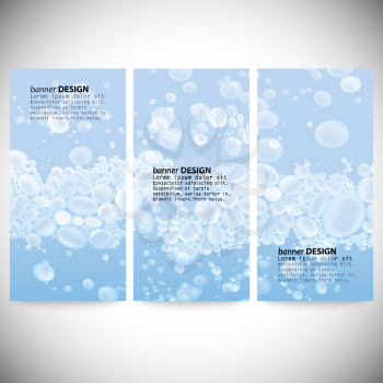 Set of vertical banners. Drops in the blue water vector background.