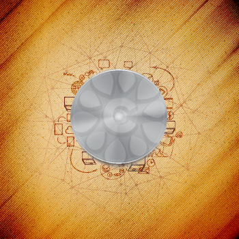 Metal power button with other doodle design elements, wooden background vector illustration.