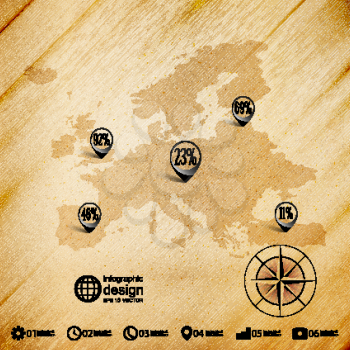 Europe map, wooden design background, infographics vector illustration.