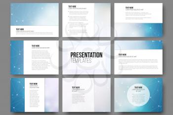 Set of 9 vector templates for presentation slides. Blue vector background with molecule structure 
