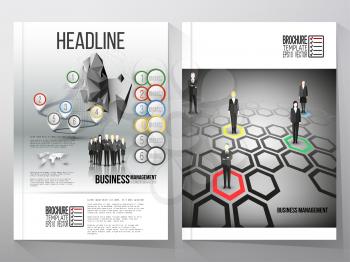 Business vector templates for brochure or flyer. Group of a professional business team standing in front of gray background with timeline and world map. Vector infographic template for business design