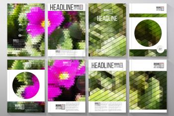 Business templates for brochure, flyer or booklet. Pink flowers on the grass. Collection of abstract multicolored backgrounds. Natural geometrical patterns. Triangular style vector.