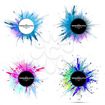 Set of abstract circle white banners with place for text and watercolor stains. Colorful backgrounds, business vector patterns for your design.