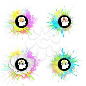 Vector icons set of human head with gears. Concept of human thinking. Colorful design with stains and blots