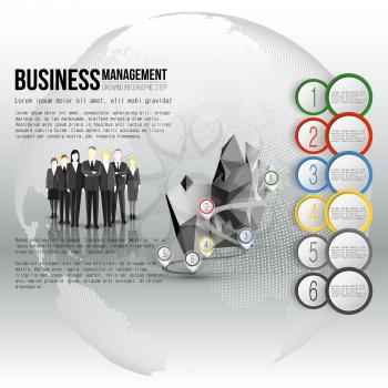 Group of a professional business team standing in front of gray background with timeline and world map. Vector infographic template for business design.