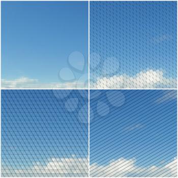 Blue sky with clouds. Collection of abstract multicolored backgrounds. Natural geometrical patterns. Triangular and hexagonal style vector illustration.