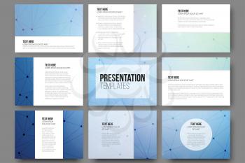 Set of 9 vector templates for presentation slides. Blue vector background with molecule structure 