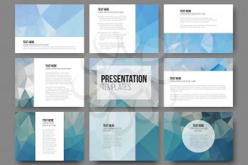 Set of 9 templates for presentation slides. Abstract blue backgrounds. Triangle design vectors.