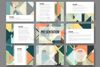 Set of 9 templates for presentation slides. Abstract colored backgrounds, triangular design vectors.