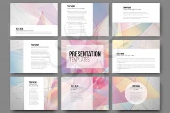 Set of 9 templates for presentation slides. Abstract colored backgrounds, triangle design vectors.