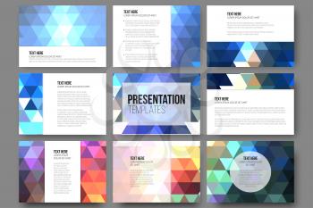 Set of 9 templates for presentation slides. Abstract vibrant backgrounds. Triangle design vectors.