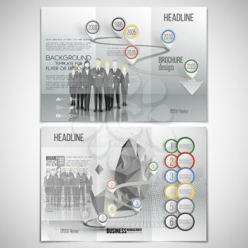 Vector set of tri-fold brochure design template on both sides. Group of a professional business team standing over gray background with timeline. Vector infographic template for your design.