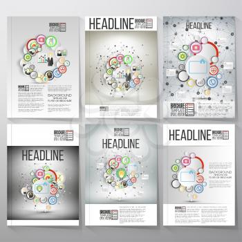 Business vector templates for brochure, flyer. Group of a professional business team standing in front of gray background with timeline and world map. Vector infographic template for business design.