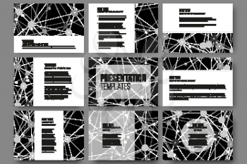 Set of 9 templates for presentation slides. Molecule structure, black science backgrounds for communication, vector illustration